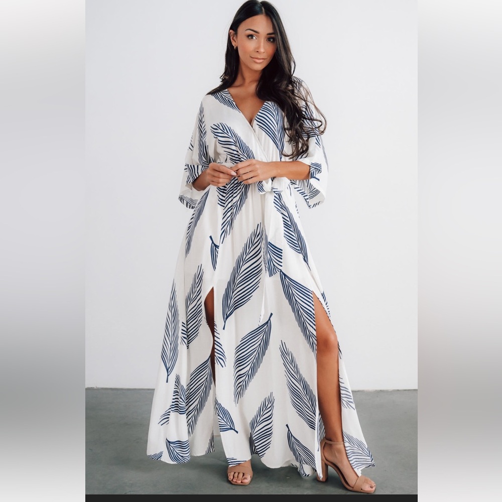 Baltic Born White and Blue Leaf Print Maxi Dress